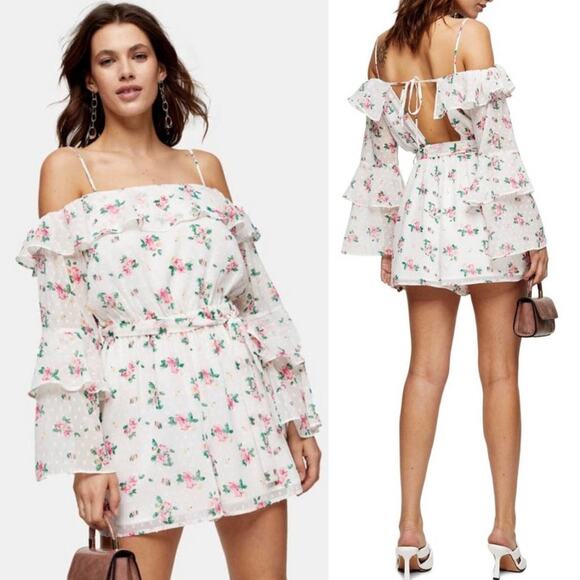 Topshop Floral Rose Swiss Dot Bardot Long Ruffle Sleeve Cold Shoulder Romper 6 - Picture 2 of 13